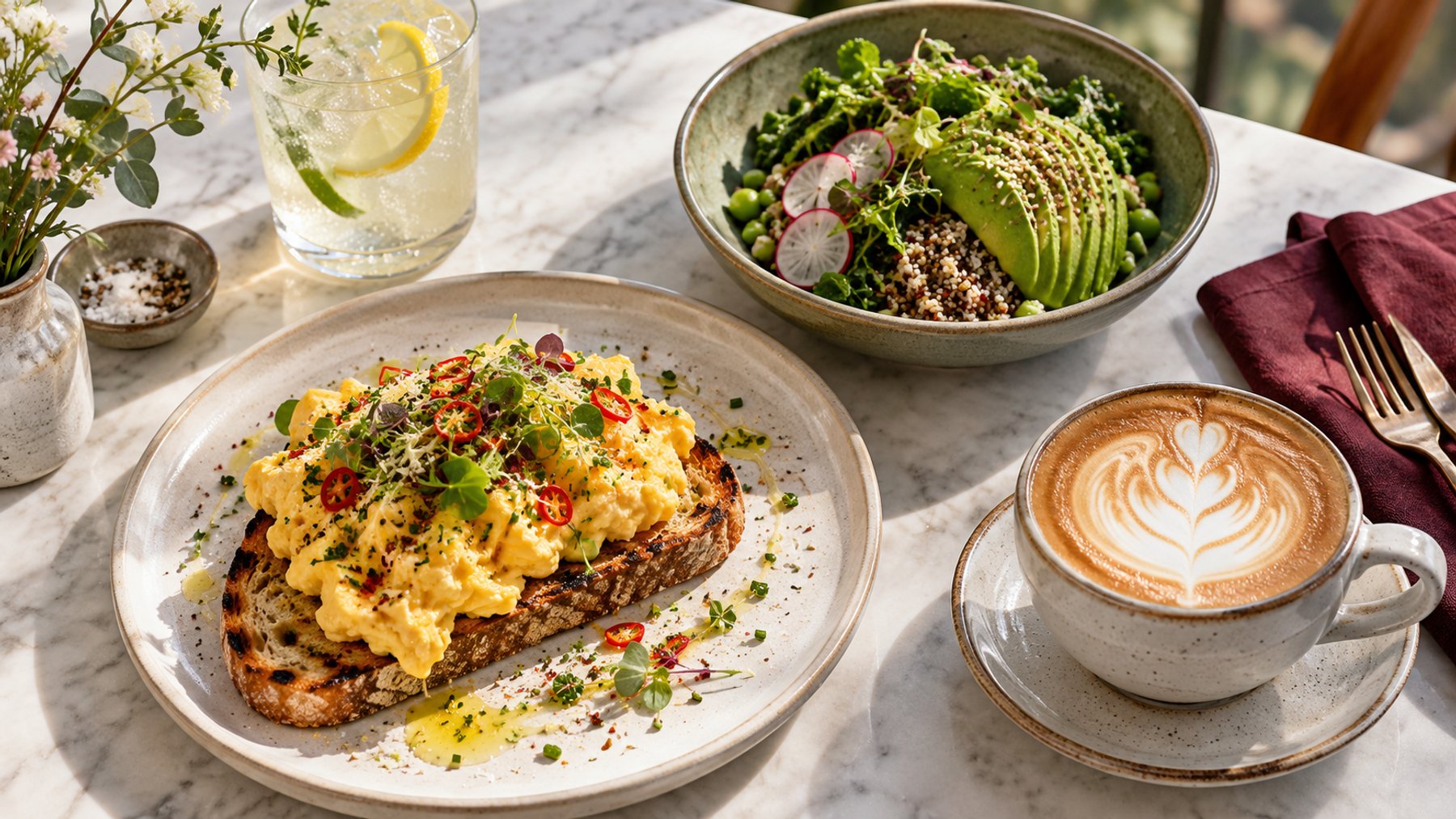 Scrambled eggs on sourdough, an avocado bowl, coffee and citrus soda